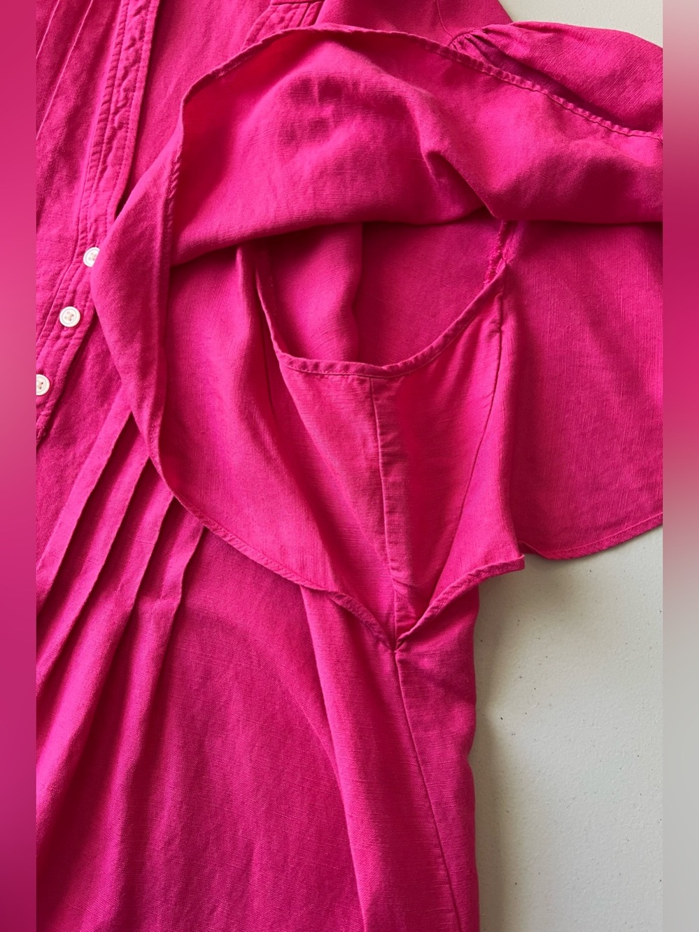 LOFT Petite Hot Pink Linen Blend Flutter Sleeve Shift Dress Pleated Front - Picture 6 of 11